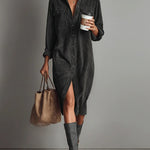 Loose Corduroy Double Chest Pocket Single Breasted Midi Dress