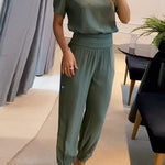 Casual V-Neck Printed Short Sleeve Long Pants Two-Piece Set