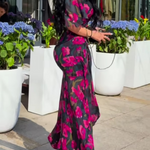 Retro V-neck trumpet sleeve printed dress
