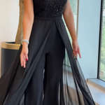 Crew-neck textured-panel tulle jumpsuit