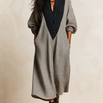 Elegant Black Contrast V-Neck Striped Loose Maxi Dress with Pockets