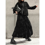 Women's Japanese Deconstructed Ruched Zip Up Top Tiered Maxi Skirt Two-piece Set