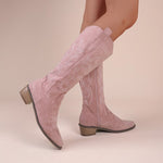 Embroidered Denim High-top Chunky-heeled Western Boots