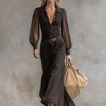 Vintage Western Front Button V-Neck Transparent Long Sleeve Black Denim Maxi Dress