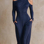 Navy One‑Shoulder Party Wide‑Leg Jumpsuit