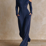 Navy One‑Shoulder Party Wide‑Leg Jumpsuit