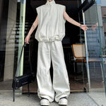 Stand-up Collar Zipper Denim Vest and Trousers Two-piece Set