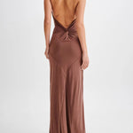 Slinky Halter Maxi Dress - Brown