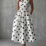 Black‑and‑White Classic Polka Dot French Sleeveless Midi Dress