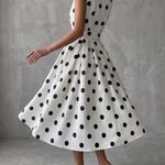 Black‑and‑White Classic Polka Dot French Sleeveless Midi Dress