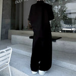 Stand-Collar Short-Sleeve Contrast Piping T-Shirt with & Zip-Front Wide-Leg Trousers Two-Piece Set