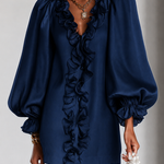 Navy Ruffled Puff-Sleeve Loose Straight-Cut Mini Dress
