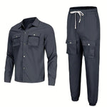 KZZ Men's Solid Button Pocket Lapel Neck Jacket & Drawstring Waist Cargo Pant Set