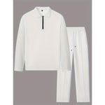 KZZ Men's solid color checkered casual suit, including long sleeved collar shirt and drawstring pants