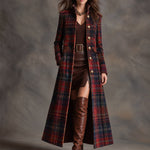 Women's Tartan Plaid Military Style Long Velvet Coat