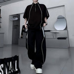 Stand-Collar Short-Sleeve Contrast Piping T-Shirt with & Zip-Front Wide-Leg Trousers Two-Piece Set