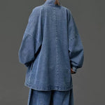 Women's Heavyweight Loose Cross Front Denim Kimono Cardigan Lantern Pants Two-piece Set