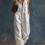 Stylish Silhouette White Denim Sleeveless Jumpsuit