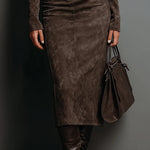High Neck Long Sleeve Suede Midi Dress