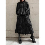 Women's Japanese Deconstructed Ruched Zip Up Top Tiered Maxi Skirt Two-piece Set
