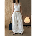 Women's High-waisted Pleated Belted Wide-leg Casual Trousers