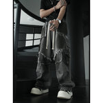 Frayed-edge Black-dyed Metallic Patchwork Jeans