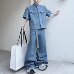 Stand Collar Beaded Denim Shoulder Pad Short Sleeve Wide Leg Trousers Two Piece Set