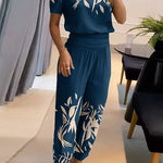Casual V-Neck Printed Short Sleeve Long Pants Two-Piece Set