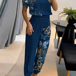 Casual V-Neck Printed Short Sleeve Long Pants Two-Piece Set