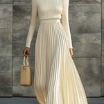 Elegant Casual And Comfortable Long-sleeved Cream Knitted Satin Pleated Hem Maxi Dress
