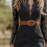 Vintage Bohemian Blue Lace Long Sleeve Midi Dress