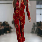 Casual Loose Retro Red Velvet Gold Rose Printed Zipper Long Sleeve Jumpsuit