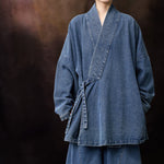 Women's Heavyweight Loose Cross Front Denim Kimono Cardigan Lantern Pants Two-piece Set