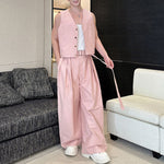 Casual Short Cardigan Vest Wide Leg Trousers Workwear Two-piece Set