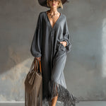 Elegant Silhouette Grey Denim Tassel Long Sleeve Maxi Dress