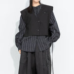 Women's Cropped V Neck Suit Vest Striped Lantern Sleeve Shirt Layered Two-piece Set