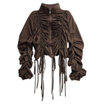 Women's Drawstring Ruched Stand Collar Top Irregular Fringe Skirt Two-piece Set
