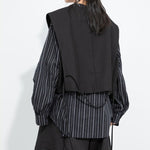 Women's Cropped V Neck Suit Vest Striped Lantern Sleeve Shirt Layered Two-piece Set