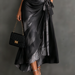 Red Black Abstract Print Wrap Midi Dress Collared V Neck Short Sleeve Tie Waist Ruffled High‑Low Hem Dress