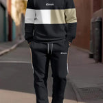 KZZ Men's Patchwork Letter Print Sweatshirt & Drawstring Waist Sweatpants Set