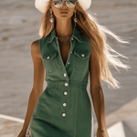Fashion Vintage Green Denim Sleeveless Shirt Style Spring/Summer Mini Dress