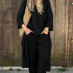 Linen Irregular Loose V-neck Top and High-Waisted Pocket Wide-leg Pants Set