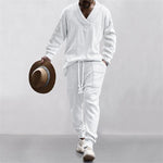 KZZ Two-piece Set Men's Solid Jacquard Drop Shoulder V Neck Top & Drawstring Waist Pants