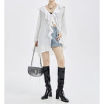 Large Ruffled V-neck And Tie-up Loose Shirt