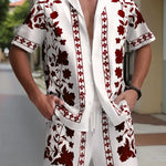 KZZ Men's ethnic-style patterned button-down shirt and shorts loungewear two-piece set