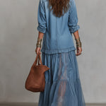Blue Faux Denim Shirt Collar With Sheer Pockets Maxi Dress