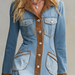 Western Chic Two Tone Contrast Trim Button Front Denim Maxi Dress