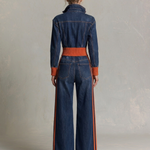 Retro Sporty Orange Stripe Plunge Zip Front Wide Leg Denim Jumpsuit