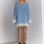 Boho Chic Fringe Hem Dip Dye Boat Neck Oversized Denim Tunic Dress