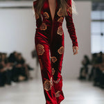 Casual Loose Retro Red Velvet Gold Rose Printed Zipper Long Sleeve Jumpsuit